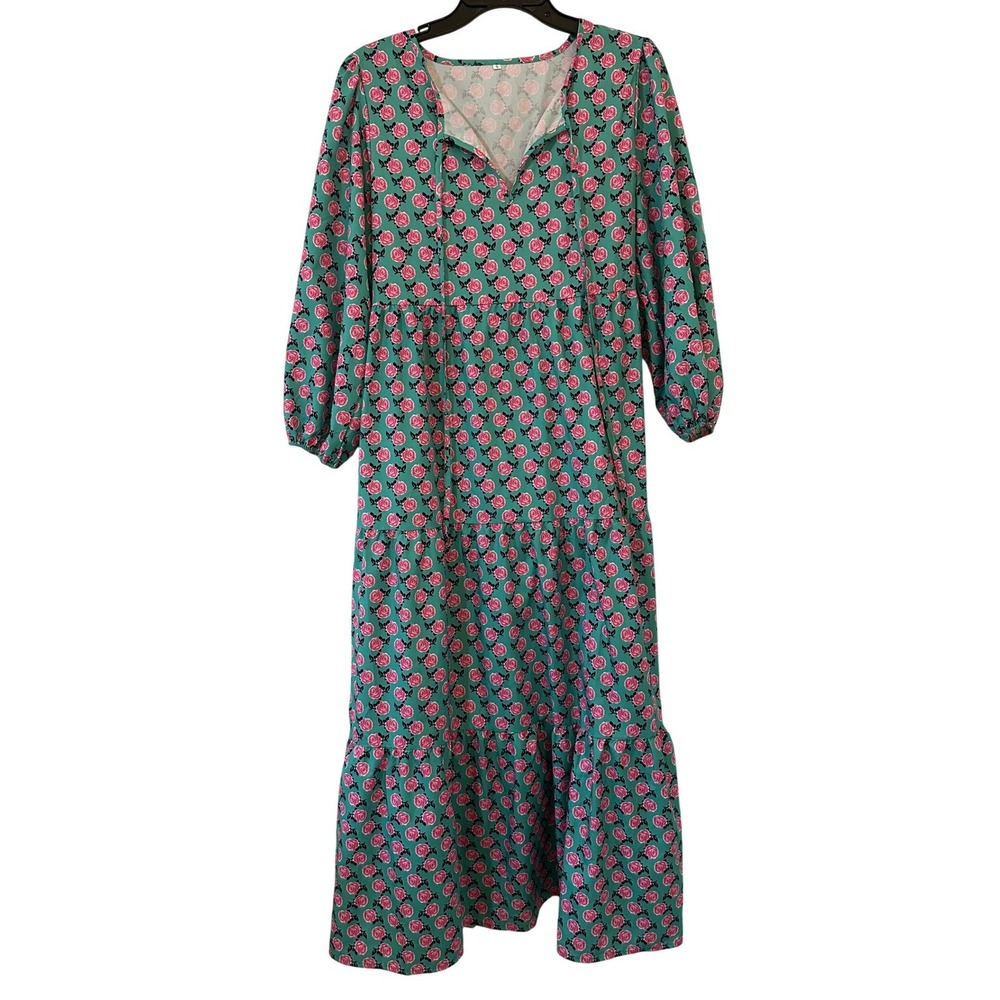 Unbranded Teal Pink‎ Floral Tiered Maxi Dress Long Sleeve Rose Print Small Boho